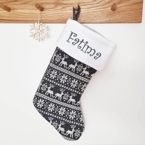 Red and white Christmas stocking with name and snowman