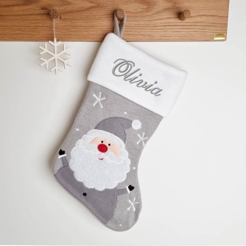 Gray woven xmas stocking with Santa