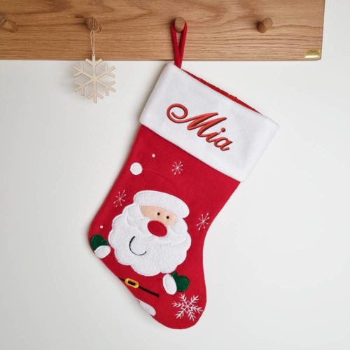 Red xmas stocking with santa motif