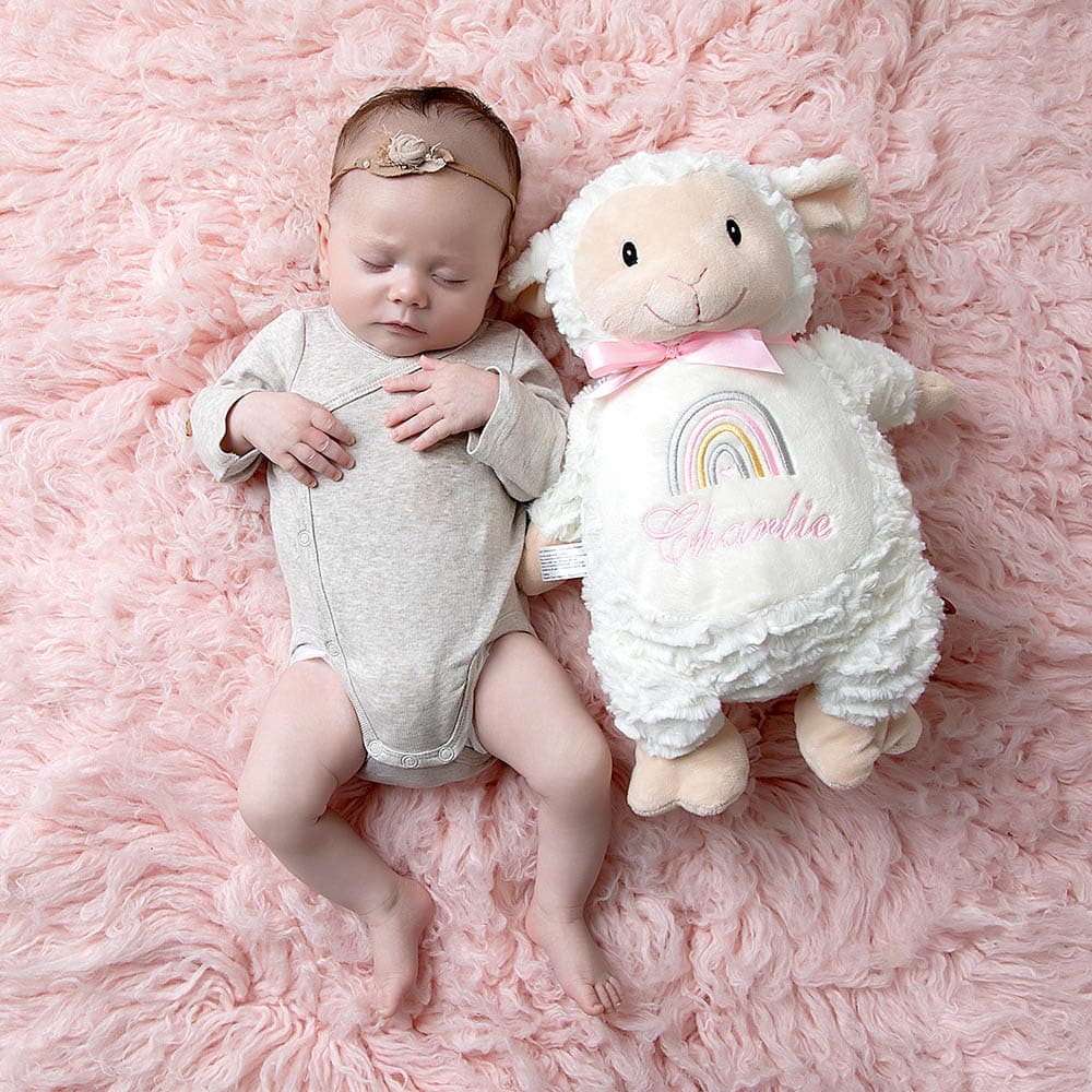 Personalized stuffed animal and a baby