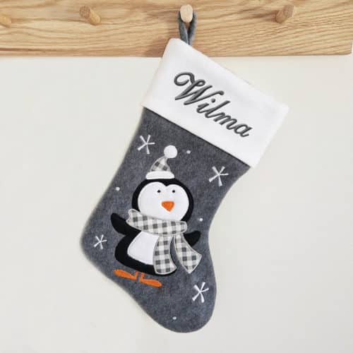 Dark gray Christmas stocking with penguin, Personalized